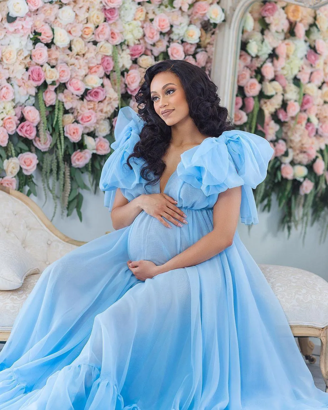 Blu Ruffle Plus Size Donna incinta Maternità Abito da notte Camicie da notte per Poshoot Lingerie Accappatoio Abbigliamento da notte Baby Shower246Y