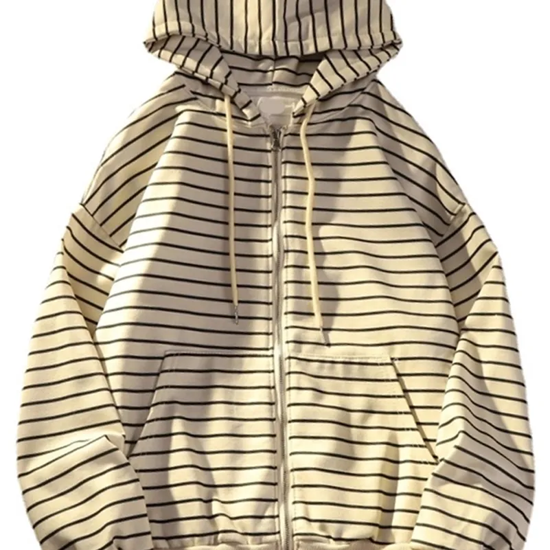 Zip Up Women Korean Style Hoodies for Girls Top Vintage Stripe Long Sleeve Overdized Hooded Sweatshirt Jacket Casual Large Coats 220725