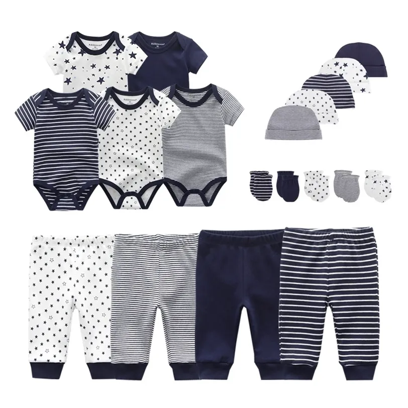 Katı Unisex Doğan Bebek Erkek Giysileri Bodysuits + Pantolon + Şapkalar + Eldiven Kız Pamuk Giyim Setleri 220326