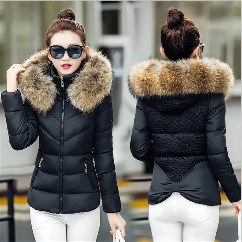 Slim Jacket Women Parkas Winter Fur Collar Hooded Short Women Jackets Cotton Warm Black Winter Female Coat Outwear KNHJ633 201026