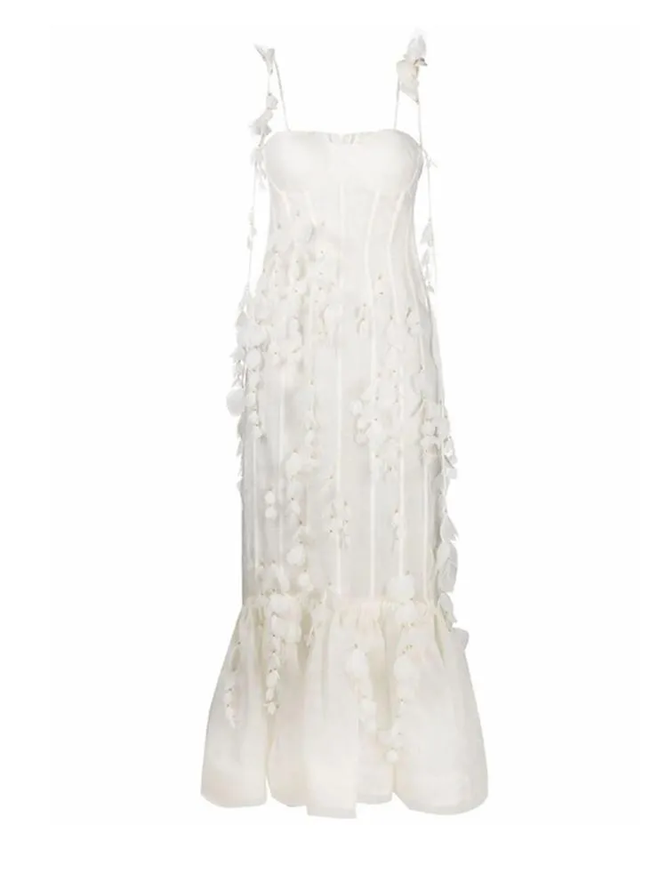 Sukienki zwyczajne impreza biała elegancka syrena promowa spaghetti pasek rękawów 3D aplikacje Kobiety ogonowe sukienki nocne niestandardowe madecasual