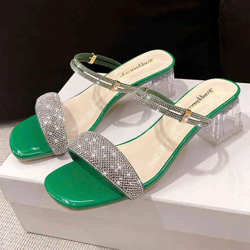 Slippers Crystal Diamond Med Heels Slippers Sandals Woman Summer 2022 Open Square Toe Platform Shoes Designer Elegant Party Shiny Slides 220516