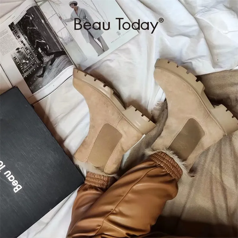 BeauToday Chelsea Boots Women Suede Leather Snow Warm Fur Round Toe Ladies Platform Shoes Handmade 08206 220813