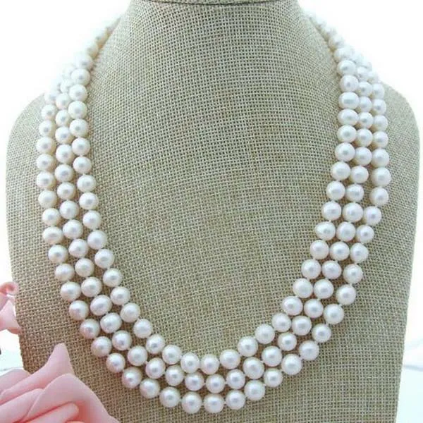 8-9mm 3 strängar White Pearl Necklace 19 ''