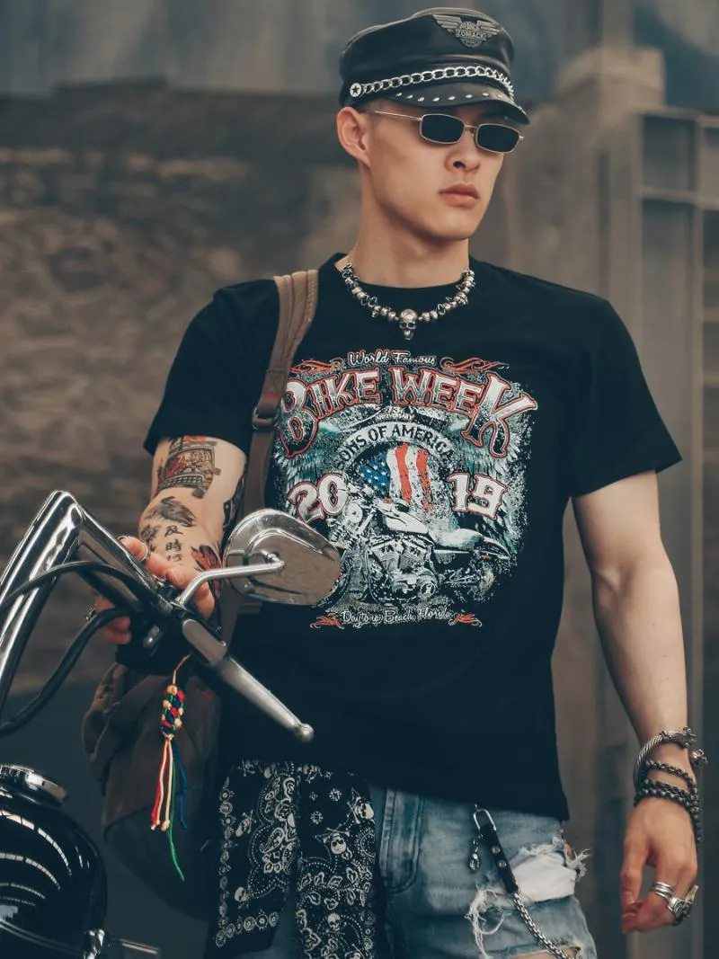 T-shirty męskie retro motocykl wydrukowane krótkie rękawy ciężkie mycie w trudnej sytuacji vintage Trend Trend T-Shirt Men Hongkong Style Lose Streetmen's