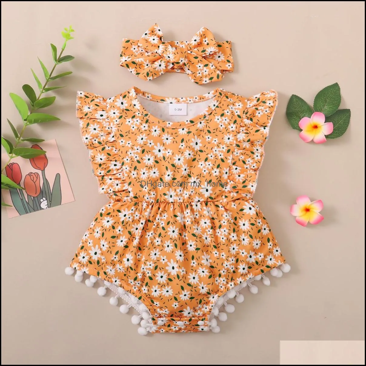 kids rompers girls ruffle flying sleeve romper infant toddler flower floral print pompom jumpsuits summer fashion baby climbing clothes