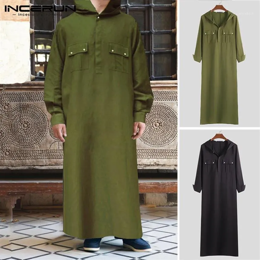 Incerun Fashion Muslim islámica Kaftan con capucha sólida túnica de manga larga Abaya Abaya Arabia Saudita Medio Oriente Men Clothing Jubba Thobe 5XL1205Q