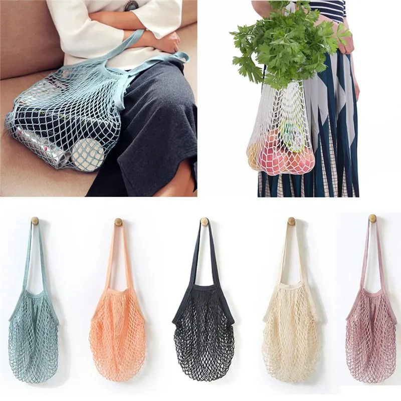 Large Cotton Shopping Bag Foldable Reusable Storage Grocery Bags for Vegetable Fruit Veggies Mesh String Net Long Short Handle Washable Market Tote