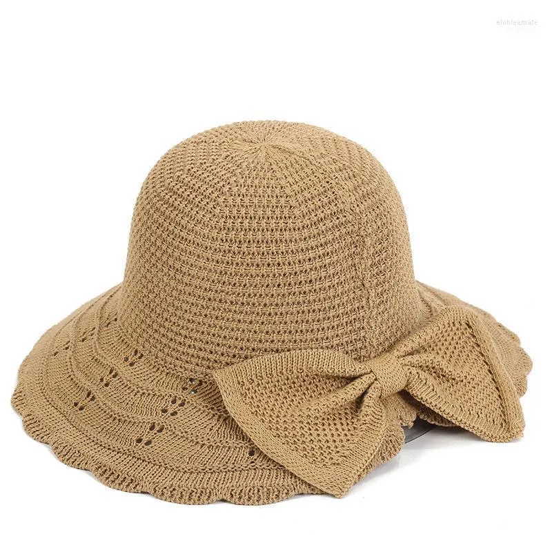 Breda randen hattar kylande nät halmhatt bowknot solskyddsmedel kupol strand vanliga färger vintage rullbart visir sol cap pool floppy klänning elob22