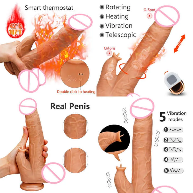 Nxy Dildos Dongs Big Vibrator Chauffage Rotation Télescopique Réaliste pour Femmes Pénis Ventouse Clitoris Stimulateur Sex Toy 220420