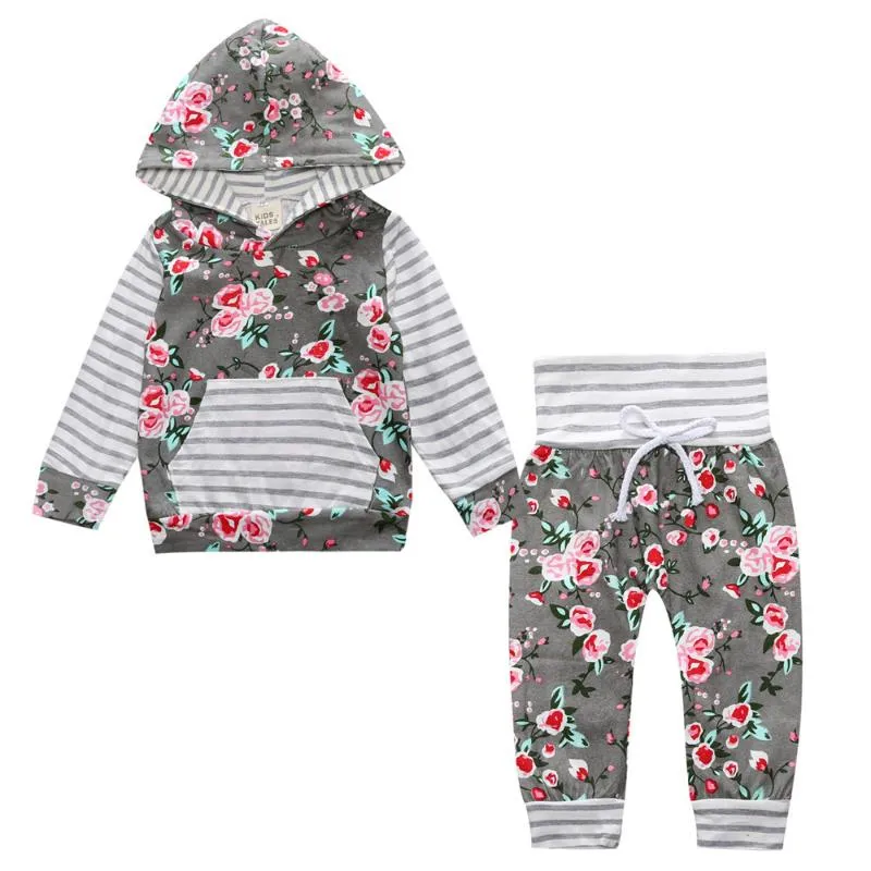 Ensembles de vêtements Vente Ins Bébé Filles Printemps et Automne Rose Fleur Imprimer Pull à capuche Top Pantalon Deux pièces en gros Vêtements