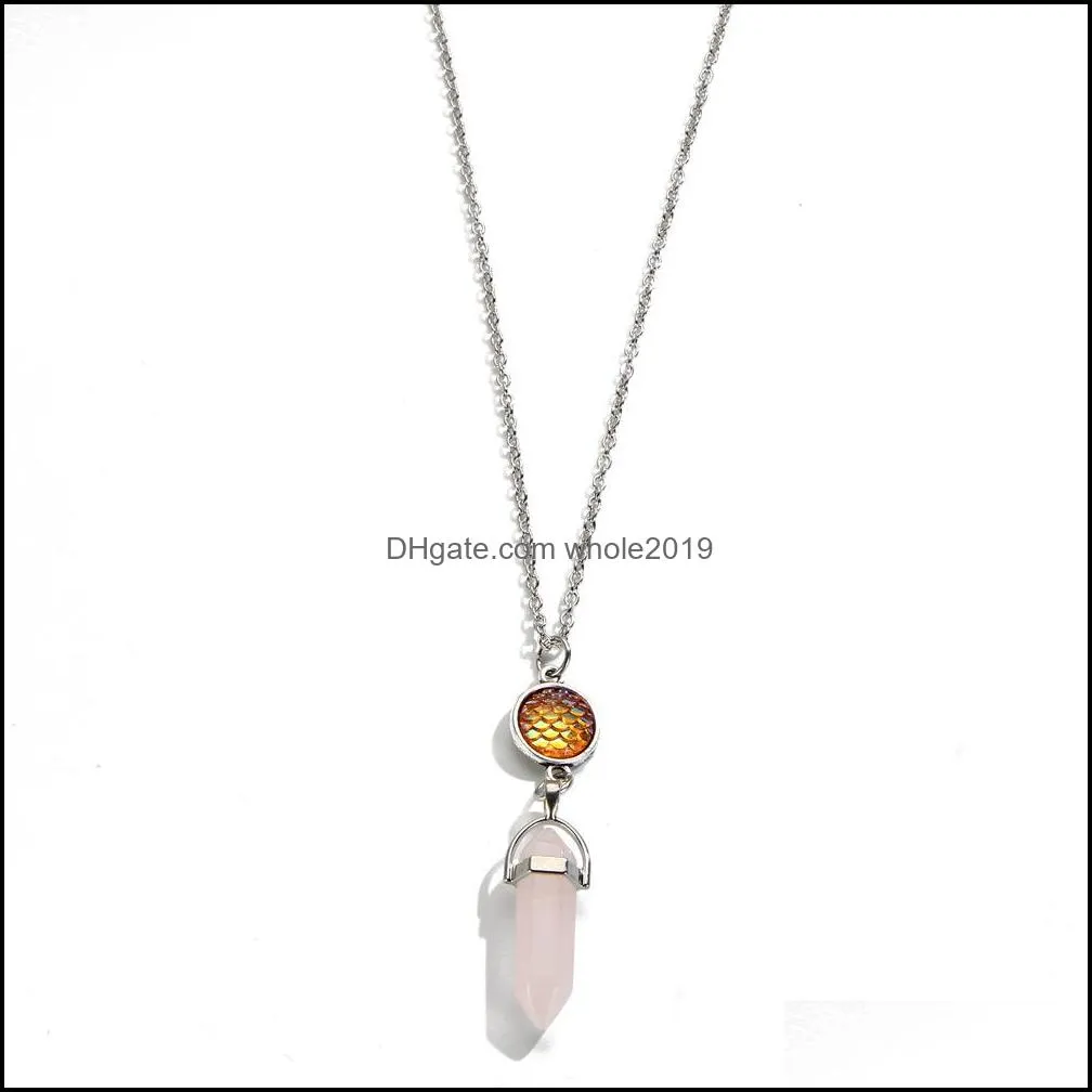 hexagonal prism crystal pink purple quartz natural stone pendant chakra fish scale druzy drusy necklace for women jewelry