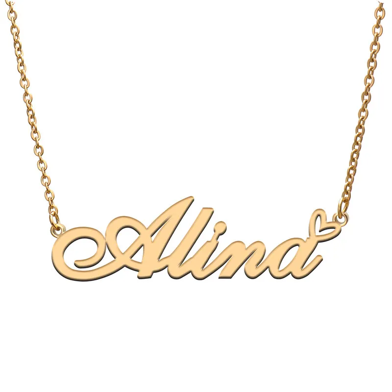 Alina Name Necklaces for Women Love Heart Gold Nameplate Pendant Girl Stainless Steel Nameplated Girlfriend Birthday Christmas Statement Jewelry Gift