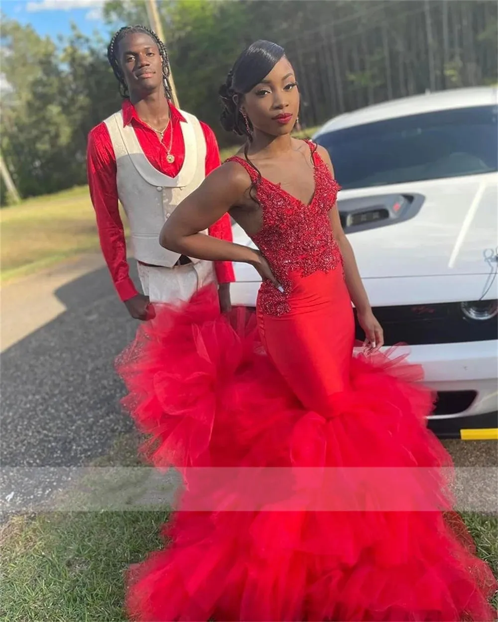 red satin trumpet dress Red Mermaid Red tulle prom dress 2022 for Black Girls with Ruffles
