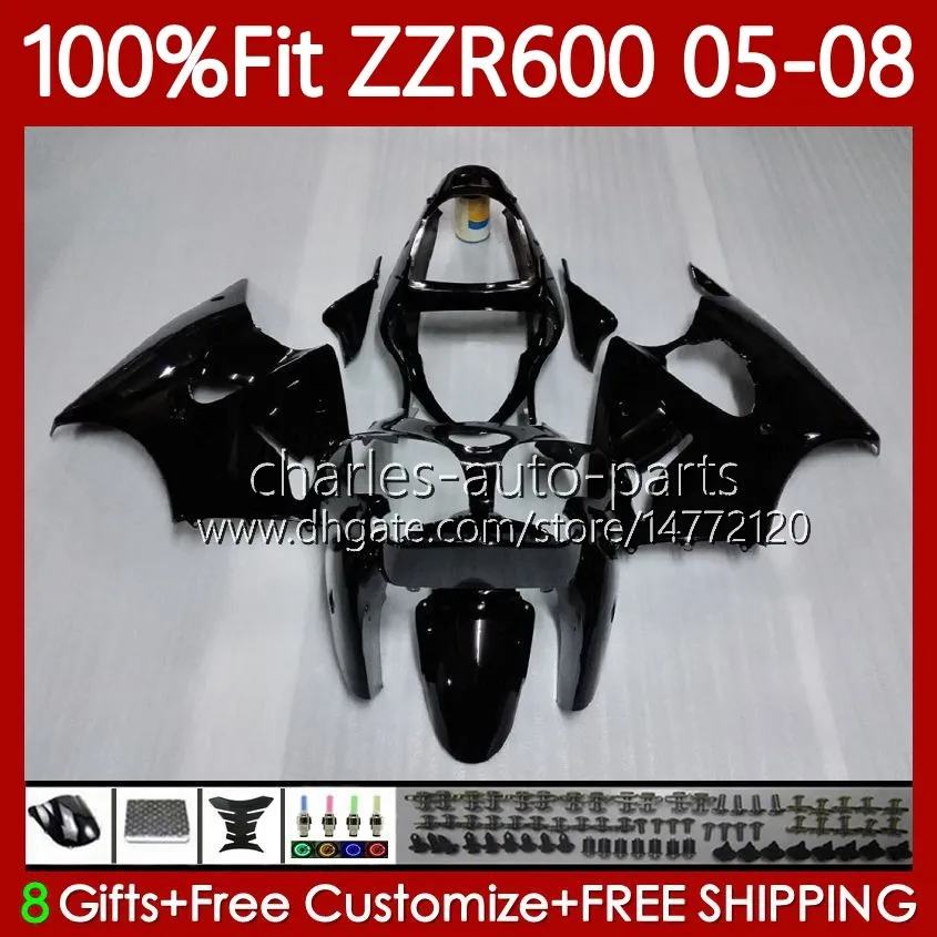 100% Fit OEM Body For KAWASAKI glossy black all NINJA ZZR-600 600 CC 600CC 05-08 Bodywork 134No.4 ZZR 600 ZZR600 05 06 07 08 2005 2006 2007 2008 Injection Mold Fairing Kit