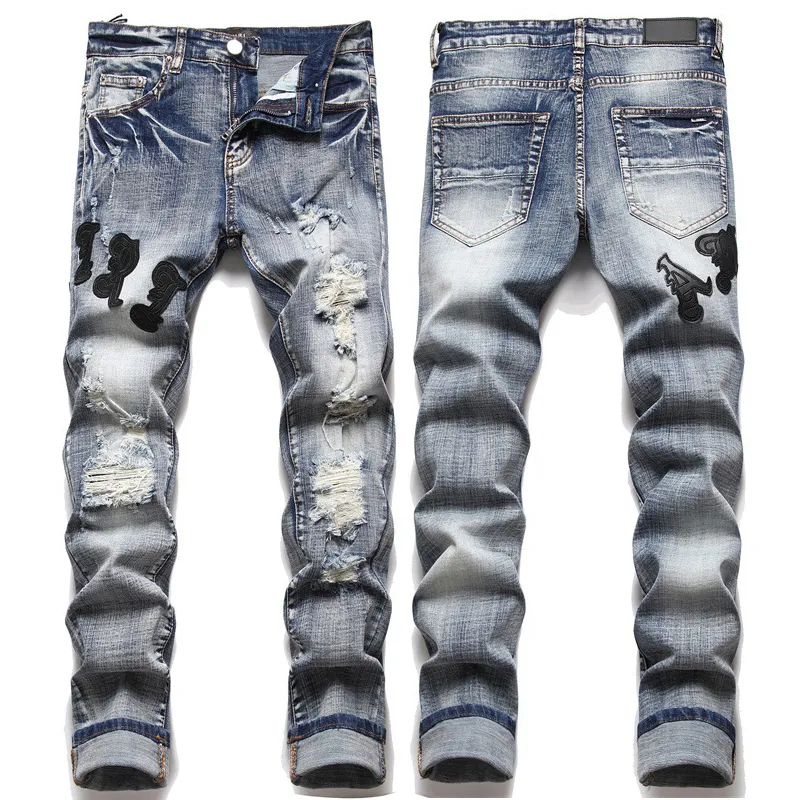 Embroidered Trousers Drawstring Pants Blue Biker Jeans Men Denim