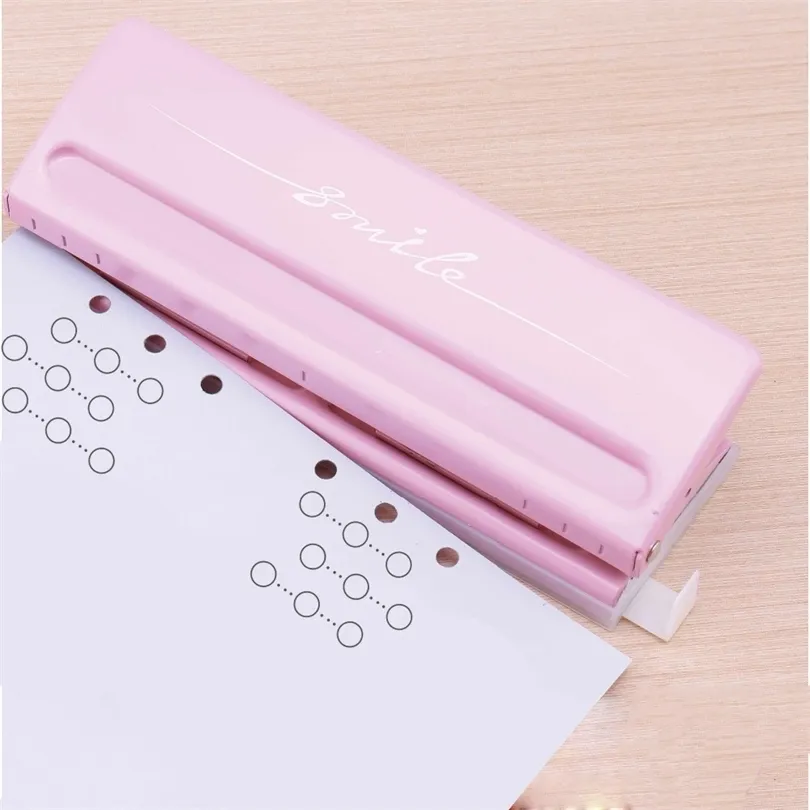 Metaal 6-gat punch roze vaartuig Punch Paper Cutter Verstelbaar DIY A4 A5 A6 Losse bladpapier Punch Punch Sleep-kantoor Stationery T200107