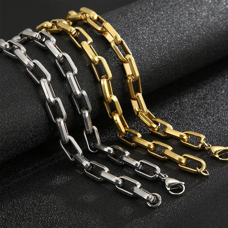 Chains Hip Hop Men's Long Necklace Stainless Steel Gold Silver Color Hollow Square Chain Collar Necklaces For Men Women Vintage JewelryC