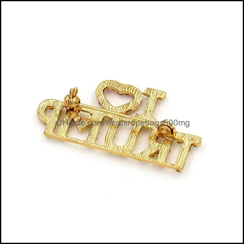 Alloy Arts and Crafts Rhinestone Brooch Corsage Glitter Letter I Love Trump Portable Breast pins Gold Color Lapel Badge Jewelry Fashion Accessories 3 8md