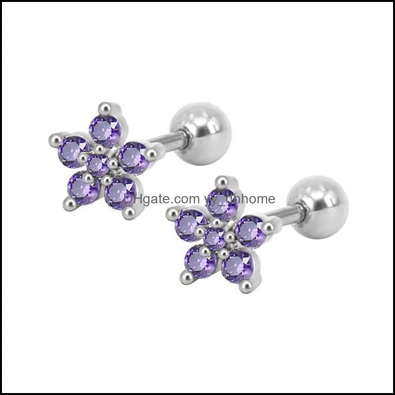 New Pink Blue Flower CZ Stud Earrings For Women Girls Cubic Zircon Silver Gold Color Lip Rings Nails Earring Wedding Bridal Design