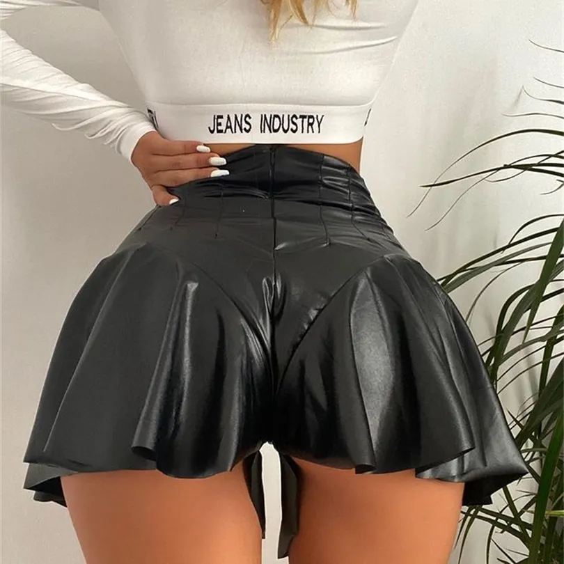 Kvinnor sexiga pu lether shorts kjolar hög midja soild färg party klubbkläder sommarmode en linje mini 220622
