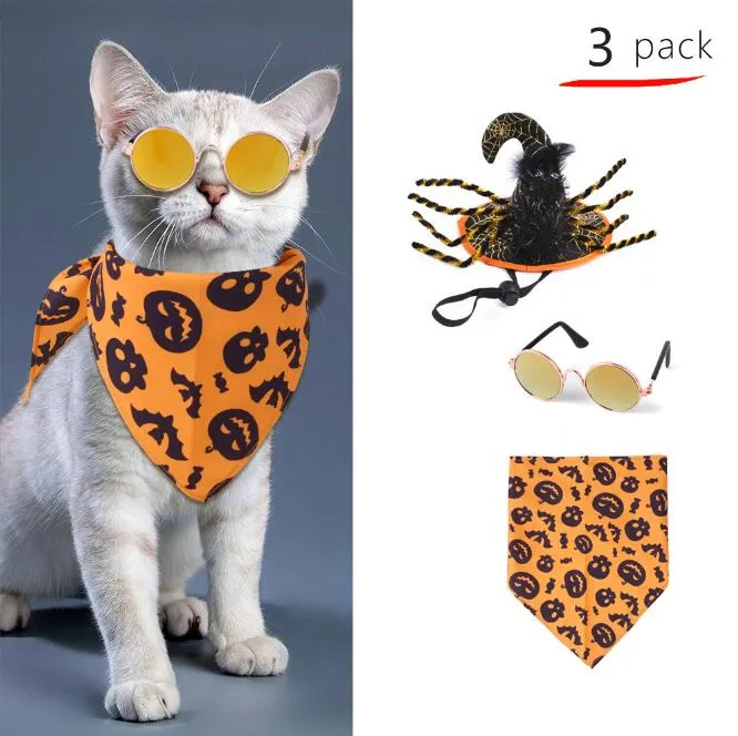 Ensemble de Costumes d'halloween pour animaux de compagnie, 3 pièces, chapeau de sorcière pour chien, chat, chiot, araignée, citrouille, bavoirs, ailes de chauve-souris et lunettes pour fête d'halloween