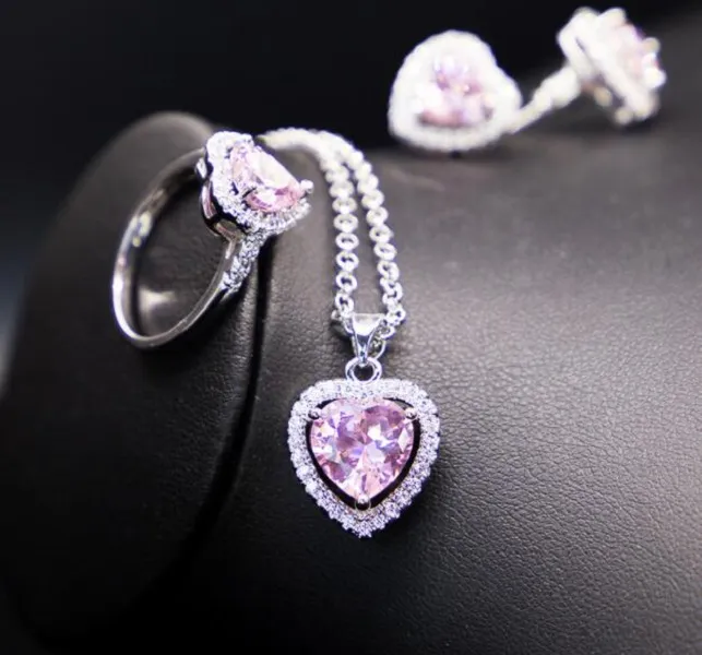 18K Gold Plated Diamond Chain New Micro Inlaid Heart Necklace Earring Three Piece Set (Ring7.8.9.10.)