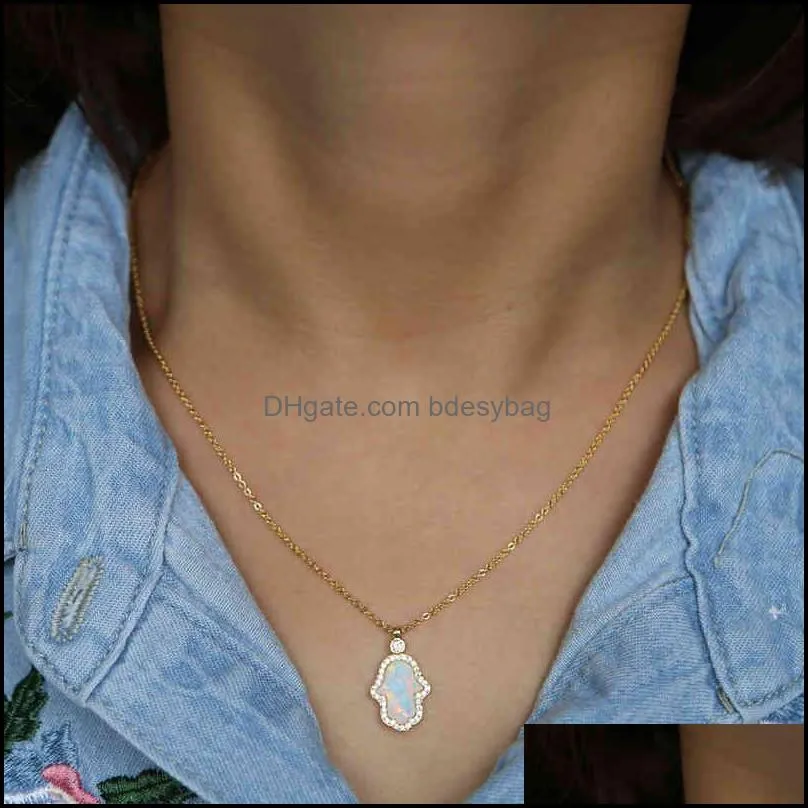 fashion turkish hamsa hand pendant necklaces women ladies delicate dainty gold silver color white fire opal stone necklace
