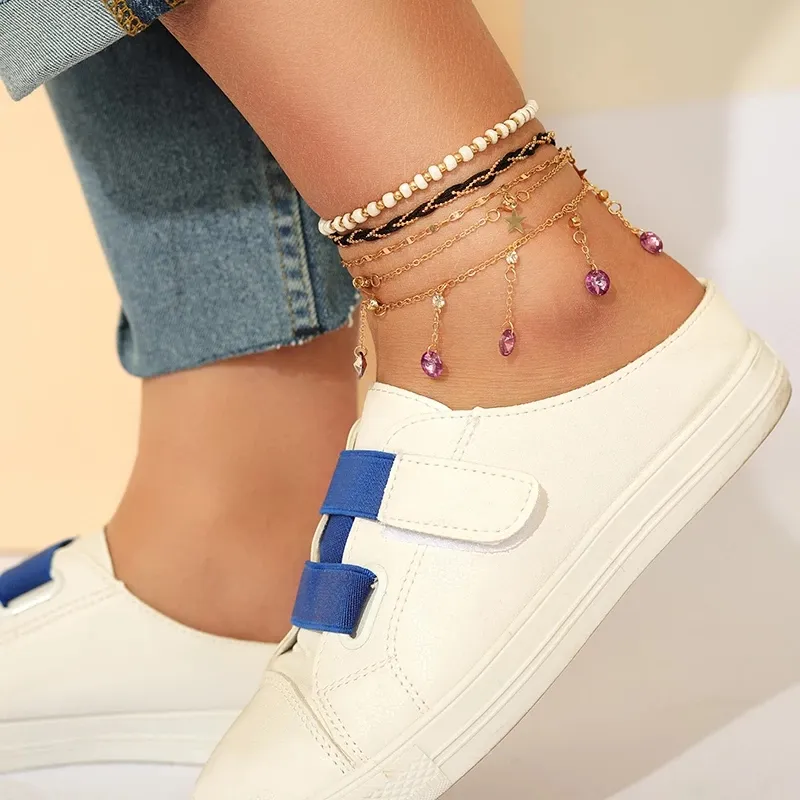 Bracelets de cheville élégants à pampilles en cristal étoile pour femmes, bijoux Boho, chaîne superposée, accessoires de sandales sur la jambe