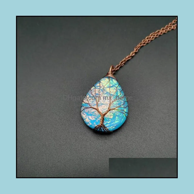 Necklace Energy Stone Water Drop Shape Necklace Life Tree Change Color Corrugated Necklace Copper Wire Winding Girl Ornaments WMQ612