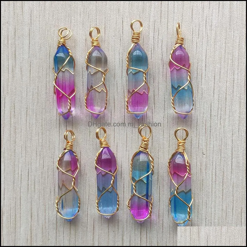 2 colors purple blue glass hexagon prism charms handmade copper wire pillar shape pendants for jewelry makin mjfashion