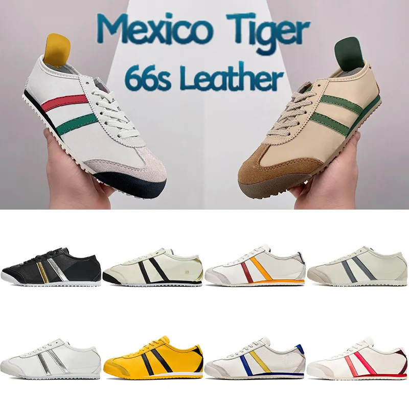 Top Quality Mexico Tiger 66s Leather Men Running Shoes Sneakers Beige Black Gold Yellow White Metallic Silver Birch Green Mens Sports Trainers Women Chaussures