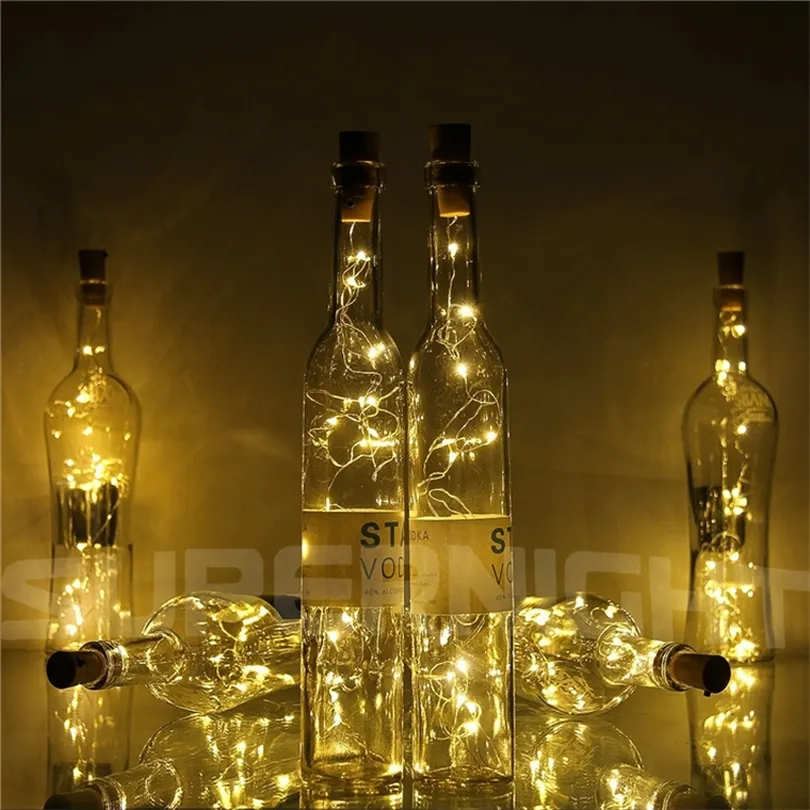 10X include batteria 2M 20-LED Stringa di filo di rame con tappo per bottiglia per decorazione di bottiglie di vetro Luci di stringa natalizie 201030