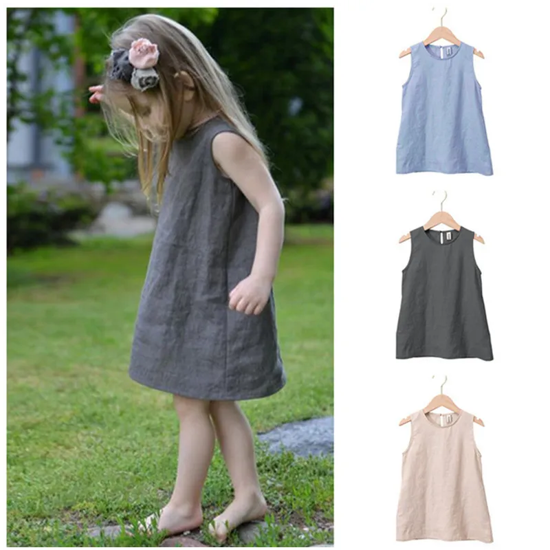 Enfants filles robe en lin été O-cou sans manches robes A-ligne bébé fille couleur unie jupe une pièce tenues de mode 90-130 cm habillage rapide