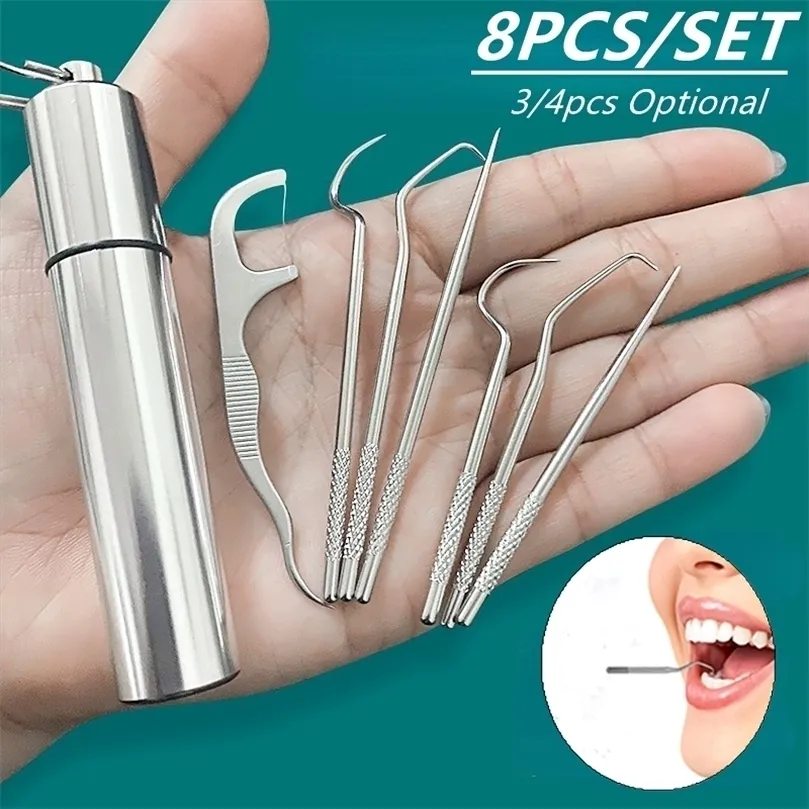 1 conjunto de dente conjunto de dente de metal aço inoxidável Limpeza oral com uso do fio dental portátil de dente portátil de dentes de dentes com tubo de armazenamento 220518