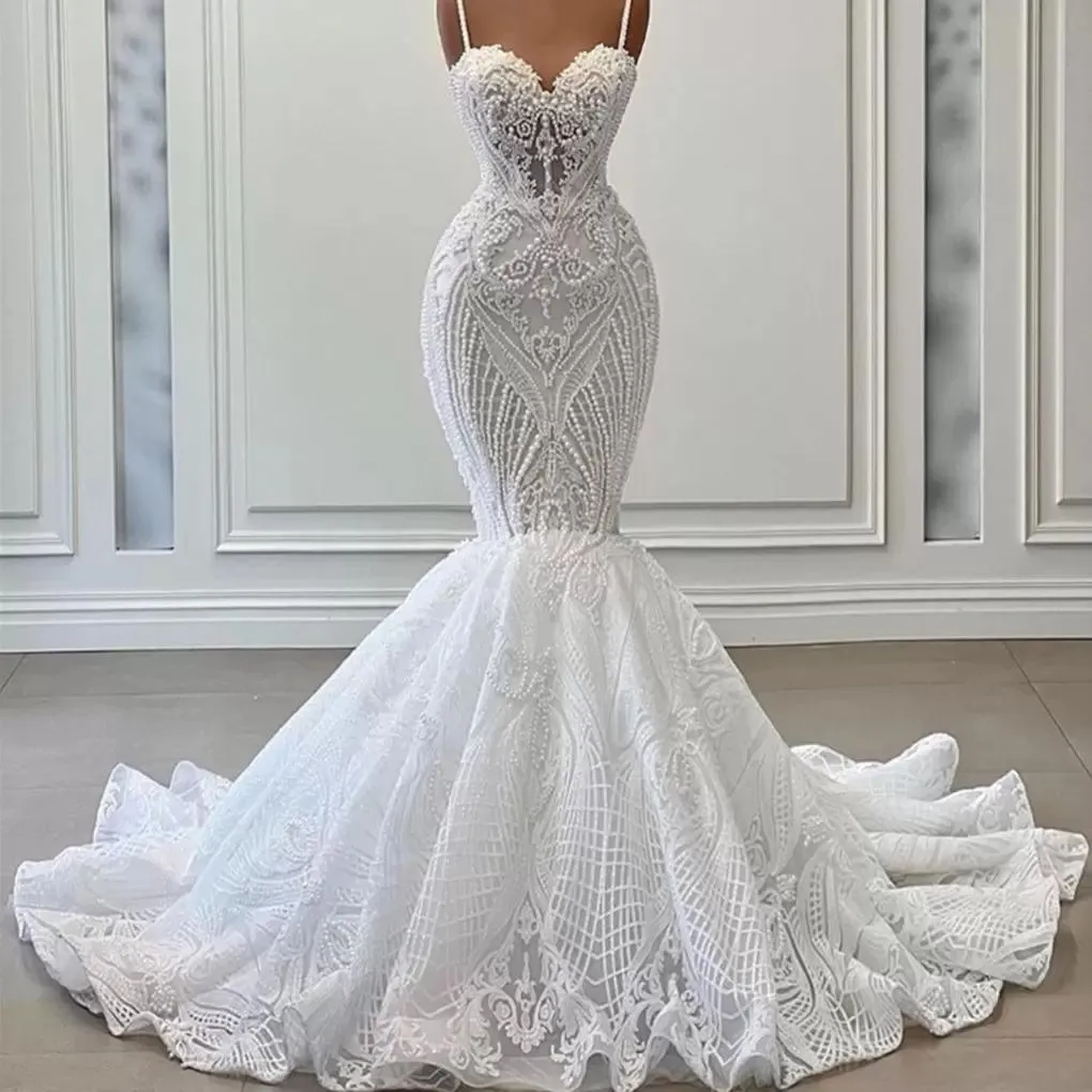 Sexy Pearls Mermaid Wedding Dresses Lace Appliques Spaghetti Straps Bridal Gown Custom Made Sleeveless New Design 2024 Wedding Gowns