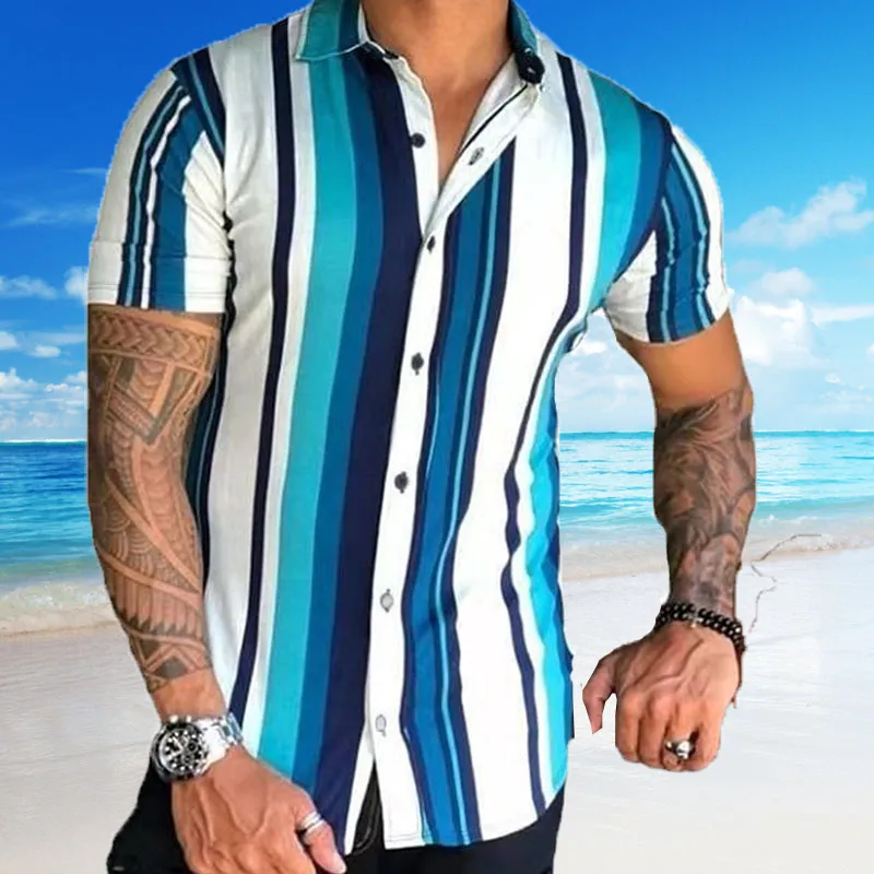 mens casual striped tröjor camisa blusa plus storlek 3xl lujo kläder topp blomma blus sommar hawaii kortärmad mode blus homme kläder grossistförsäljning skjorta