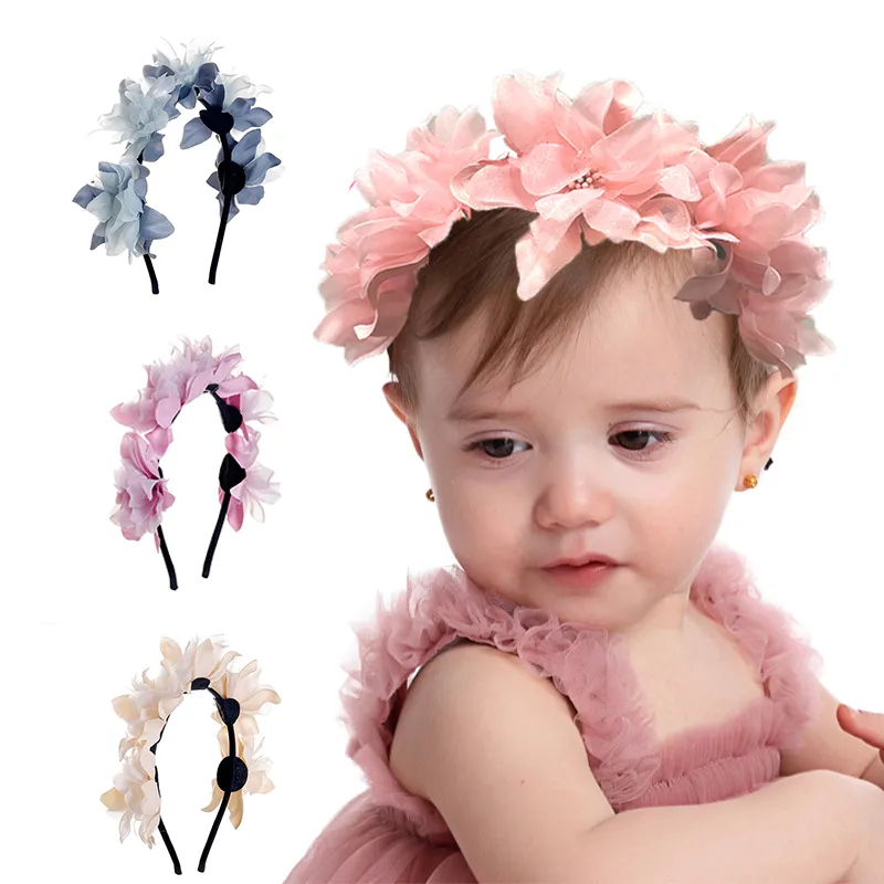 2022 New Fashion Multicolor Baby Lace Flower Hairbands Hoop Princess Hair Accessories Girls Pearl Flower Headband