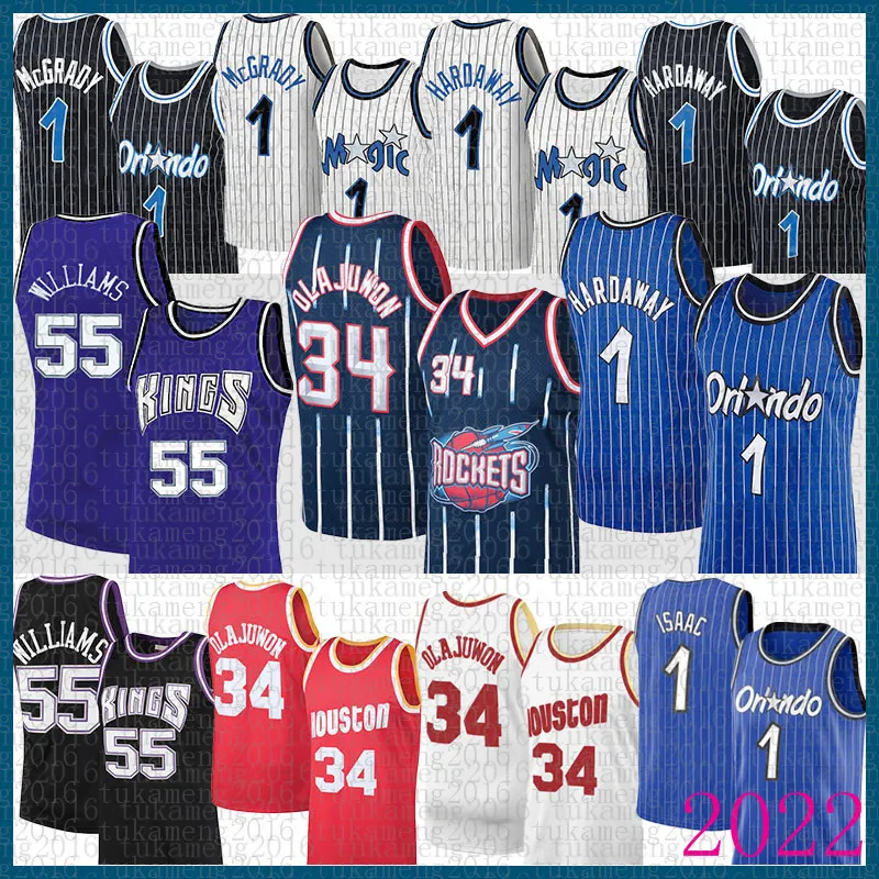 55 34 Penny Hardaway 농구 저지 Tracy McGrady Jonathan Isaac 1 Jason Williams Hakeem Olajuwon Sacramentos King Houstons Rocket Orlandos Magics 2023 빨간색