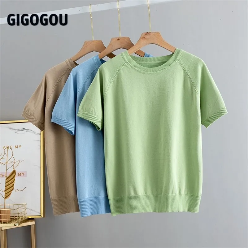 Gigogou Solid Dames T-shirt Korte Mouw Koreaanse Stijl Slanke Basic Katoen Tshirt Top Womens Kleding Lente Zomer T-shirt Femme 220321