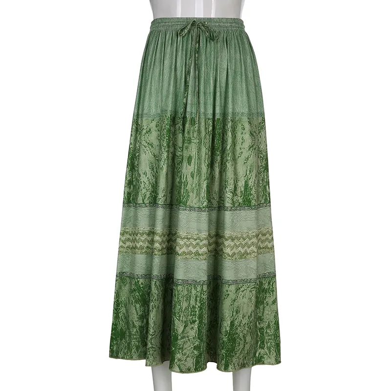 HEYounGIRL Vintage Green Women Long Skirt Aesthetic Graphic