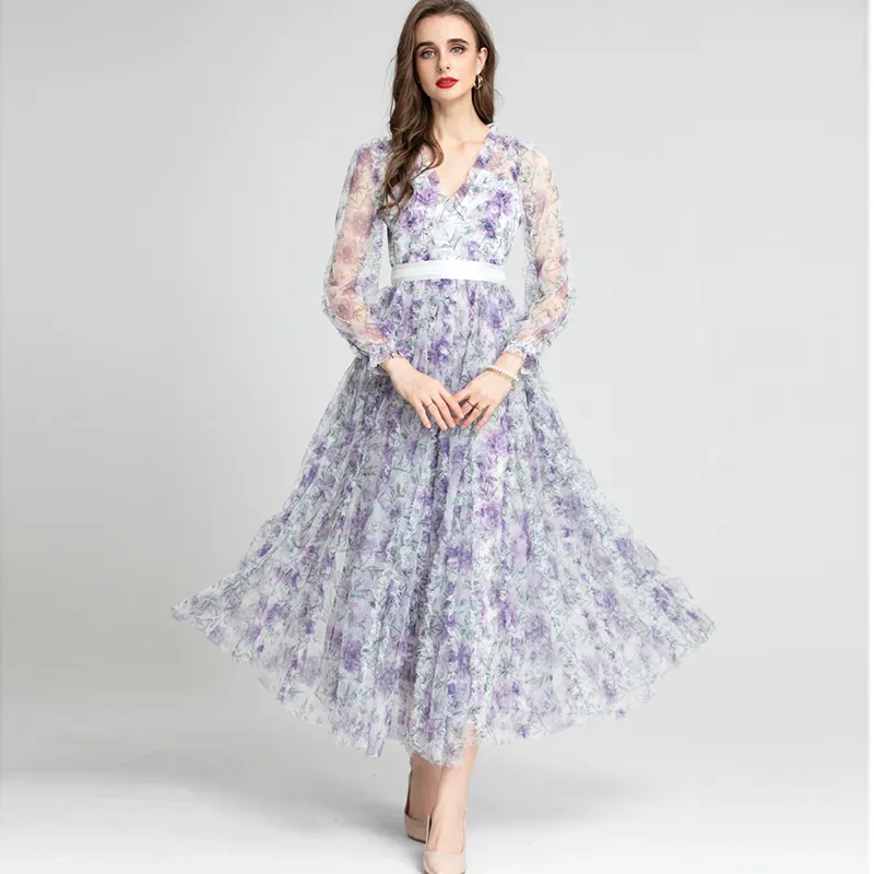 Women's Runway Dresses Sexy V Neck Long Sleeves Ruffles Printed Elegant Fashion Party Prom Gown