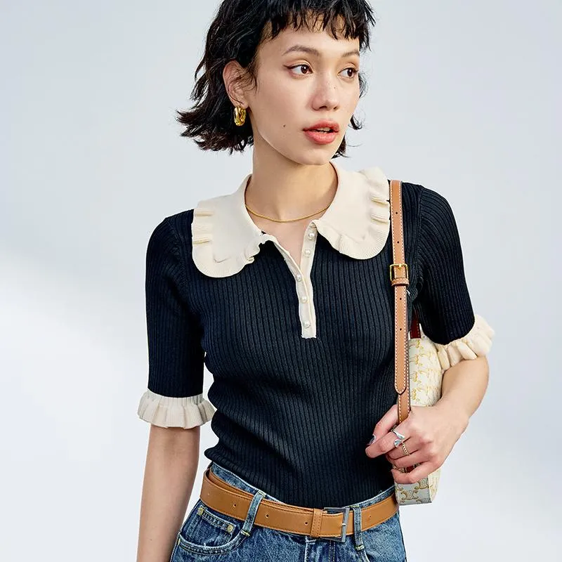 Pulls pour femmes contraste couleur pull à manches courtes pour SANDRO 2022 été mince col de poupée perle simple boutonnage haut tricoté femmesfemmes