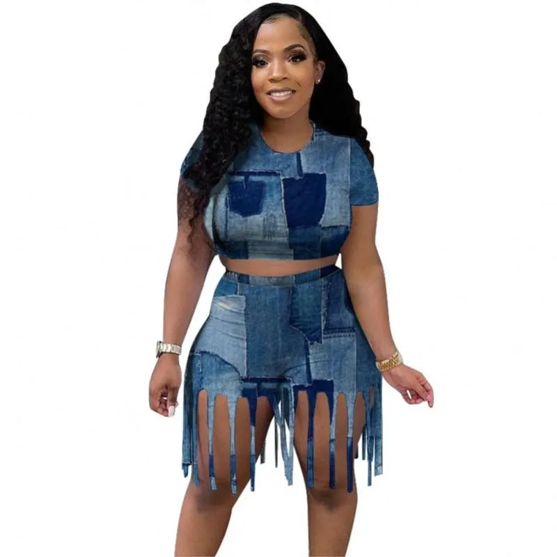 Survêtements pour femmes Ensemble de deux pièces Femmes d'été Y2k Faux Denim Imprimer Crop Top Taille élastique Fringe Shorts Casual Matching Survêtement Outf