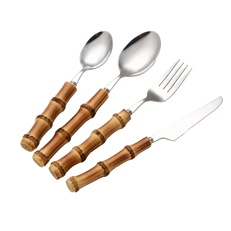 Dinnerware Set 18/10 Stainless Steel Tableware Natural Bamboo Hand Knife Fork Spoon Luxury Cutlery Set Flatware