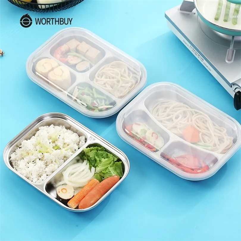 Worthbuy Japonés Bento Box 304 Caja de almuerzo de metal de acero inoxidable con compartimentos Caja de contenedor de alimentos para niños para la escuela Picnic Set 201015