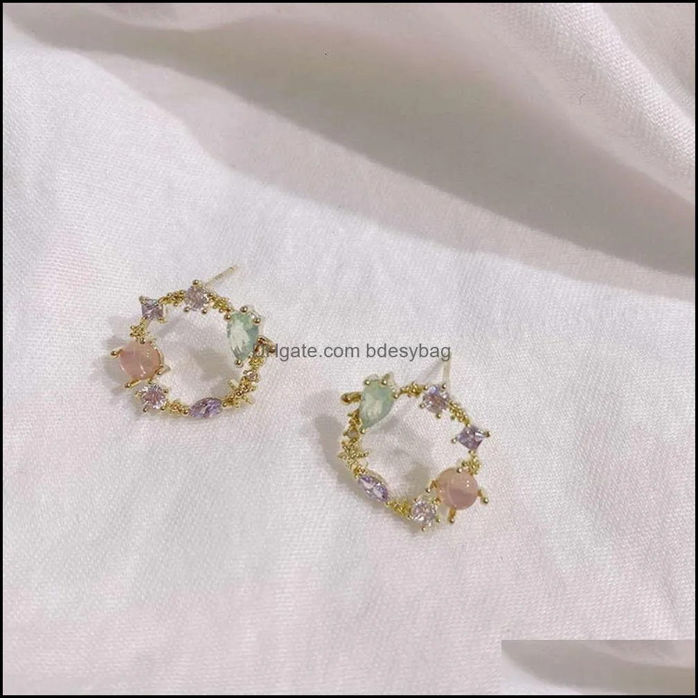 2020 New Collection Classic Round Pink Green Crystal Stud Earrings Sweet Flower Cirlce Jewels Mode Brincos Poison for Women