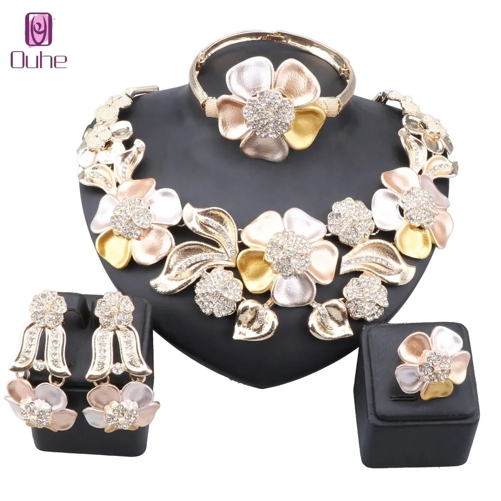 Jóias de flores de cristal de pinhão moda conjuntos de jóias para mulheres Dubai Gold Color Brincos Brincos de Baixa Jóias de Casamento Conjunto de Jóias