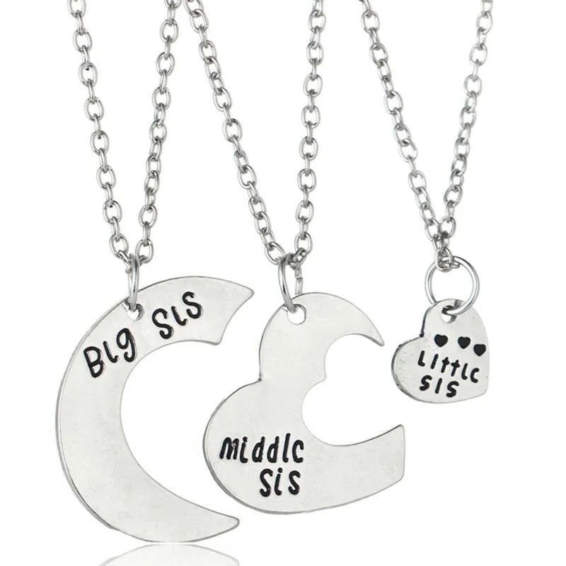 Pendentif Colliers Coeur brisé Big Middle Litter Sis Sister Argent Plaqué Pendentif Collier Famille Déclaration Bijoux Main Estampillé Choke