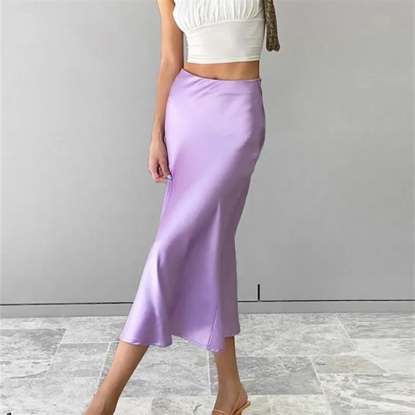 MNEALWAYS18 Сплошная фиолетовая атласная шелковая юбка для женщин с высокой талией летние юбки Элегантные женские юбки MIDI Spring 220711